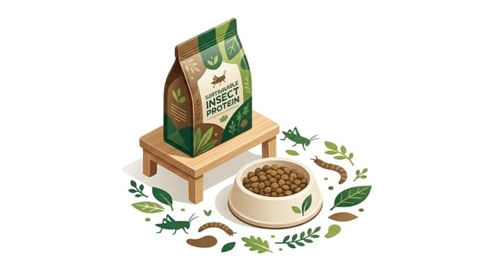 A dog beside a bag and bowl of insect-based dog food, illustrating the novel protein option.