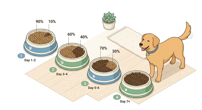 A dog gradually transitions to insect-based food through a staged, bowl-by-bowl progression.