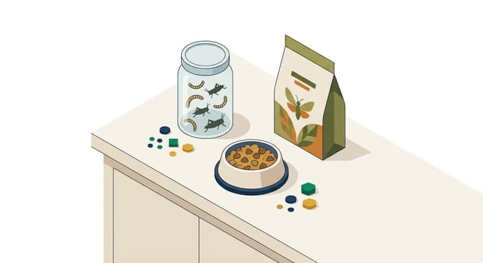 Isometric view showing insect protein alongside pet food to emphasize micronutrient delivery.