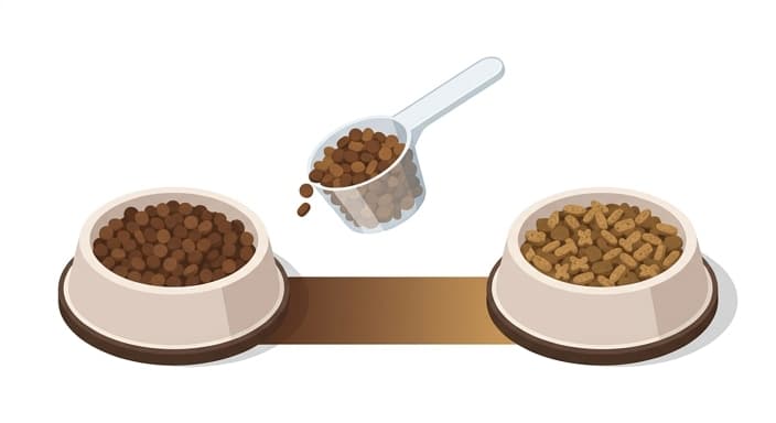 Isometric illustration of a gradual switch from conventional to insect-based pet food.