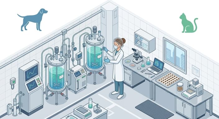 A clean lab scene showing the controlled production of cultivated protein for dogs and cats.
