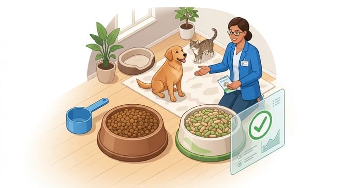 A home-meals setup illustrating a gradual 25% cultivated-protein mix with 75% traditional diet, supervised by a caregiver.