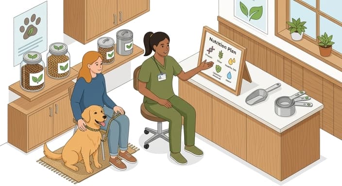 A veterinarian guides a pet owner through transitioning to sustainable, nutrient-rich foods with eco-friendly containers on display.