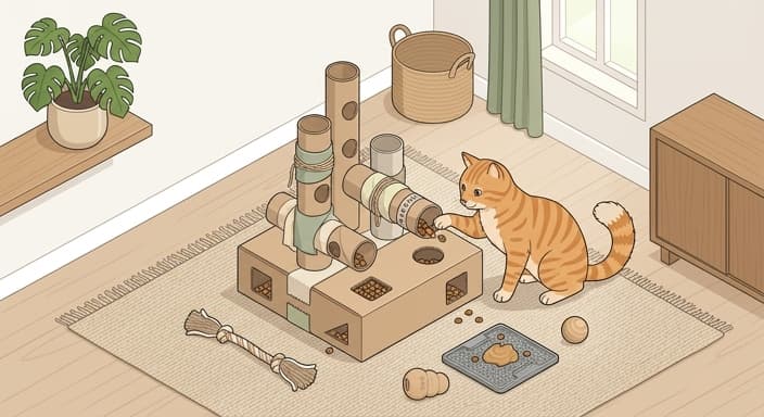 DIY puzzle feeders crafted from recycled household items to enrich a pet's mind while cutting waste.