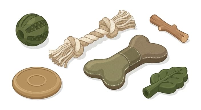 A display of plant-fiber dog toys, featuring a hemp rope chew and a natural-fiber plush toy, emphasizing sustainable materials.