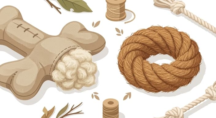 Dog toys filled with natural wool or coconut husk fibers, highlighting eco-friendly alternatives to plastic stuffing.