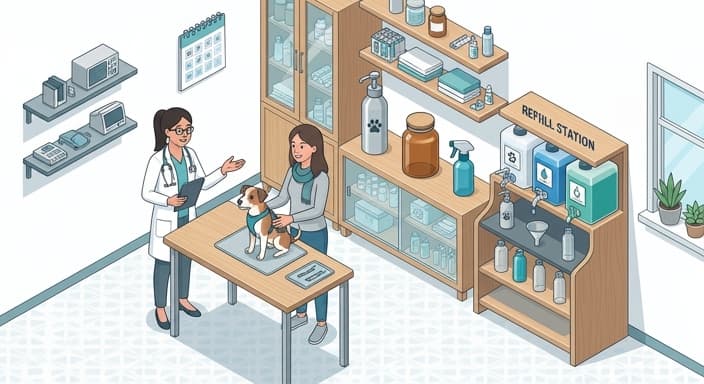 A veterinarian explains refillable concentrate packaging to a client in a clinic setting beside a dog.