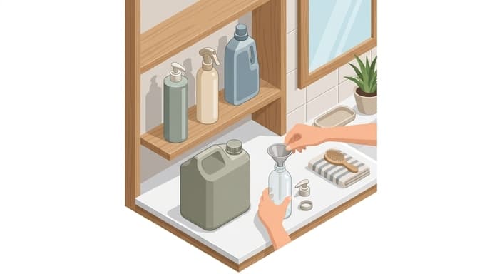 A home setup with refillable grooming and cleaning bottles ready for a switch to refillable packaging.