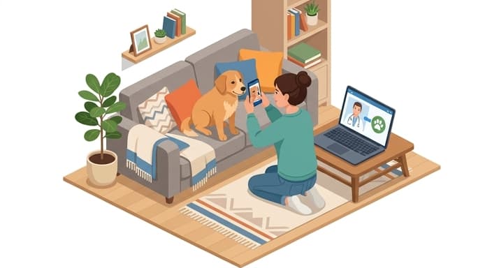 A pet owner captures a close-up photo of their dog's eye or skin with a smartphone as a veterinarian reviews the image via telehealth on a laptop.