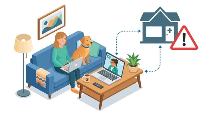 A dog and owner participate in a telehealth session at home while a distant clinic symbol is connected by a dotted path, illustrating the boundary where in-person care may be required.