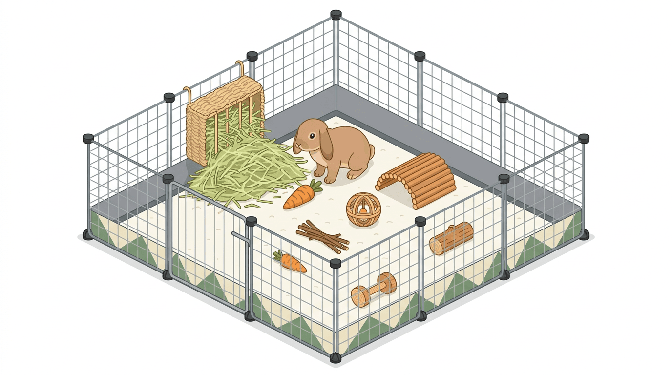 A modern, rabbit-safe indoor living space featuring enrichment toys and essential supplies.