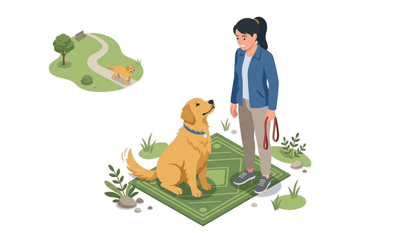 A calm Golden Retriever practicing focus exercises in a park.