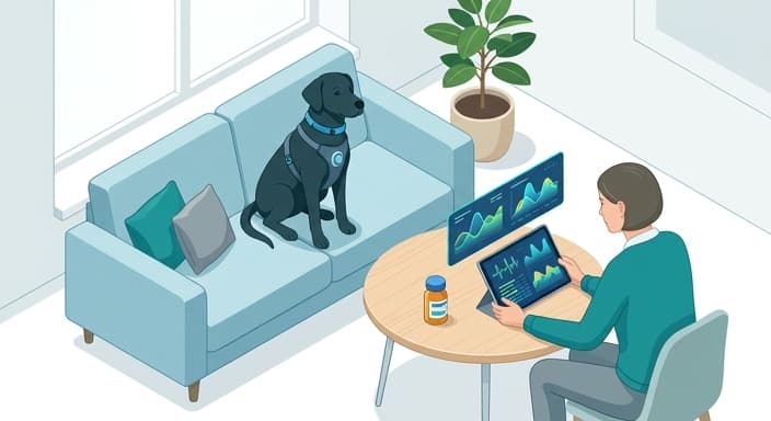 Owner reviews biometric trends from a pet wearable, considering medication changes and environmental stressors.