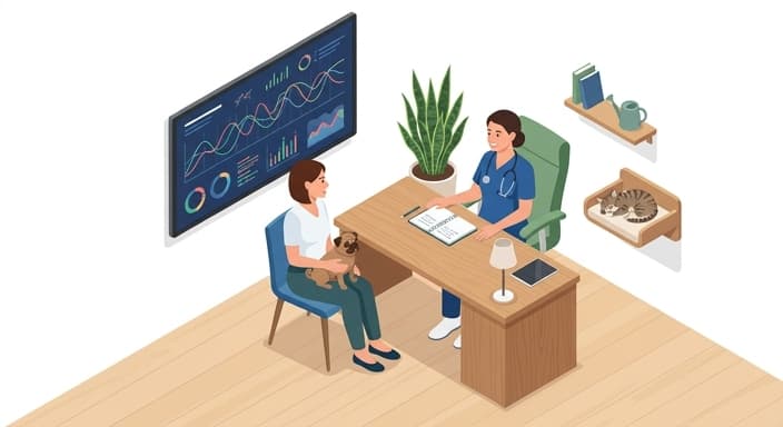 Vet and owner review a synthesized biometric dashboard to plan a data-informed wellness routine.