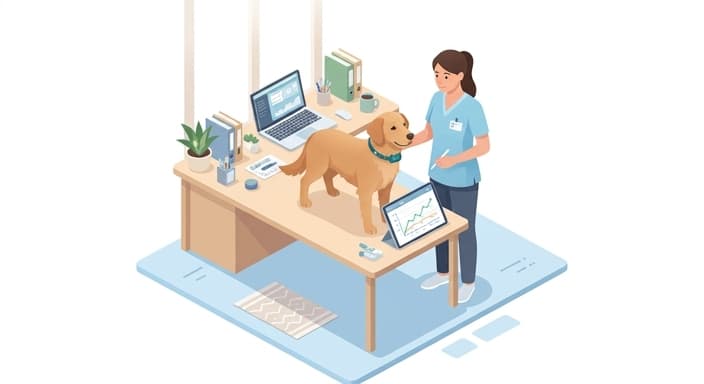 A dog wearing a smart collar sits beside a tablet showing behavioral data for veterinary review.