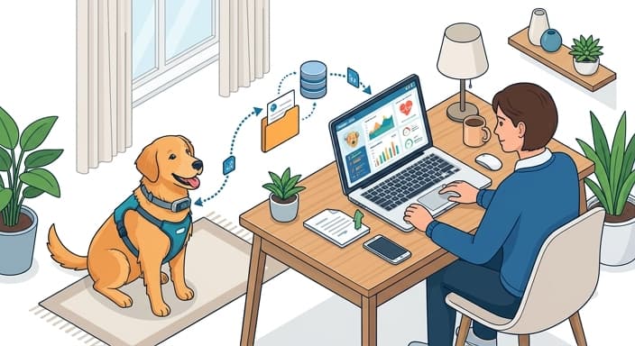 A pet owner with a laptop and wearable data scene illustrating exportable health reports for seamless vet access.