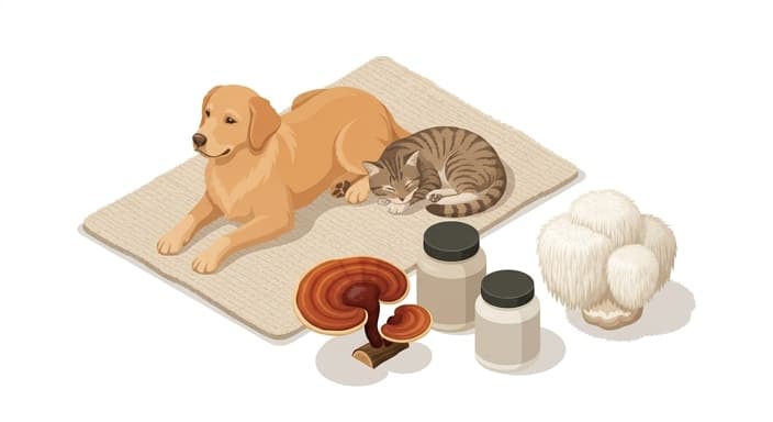 Calm pets beside iconic Reishi and Lion's Mane mushrooms, highlighting the primary fungi discussed for pet anxiety.