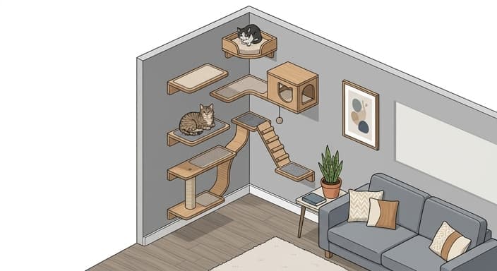 A safe, vertical cat habitat with anchored shelves and perches showing how cats move up and down without conflict.