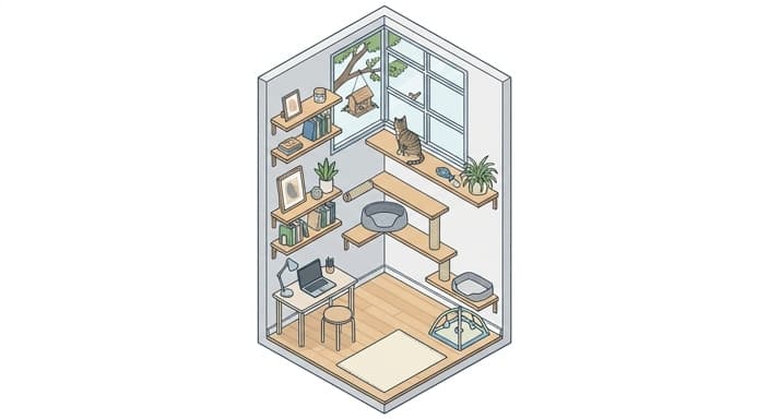 In a small apartment, a high shelf setup and window view create an engaging vertical space for an energetic cat.