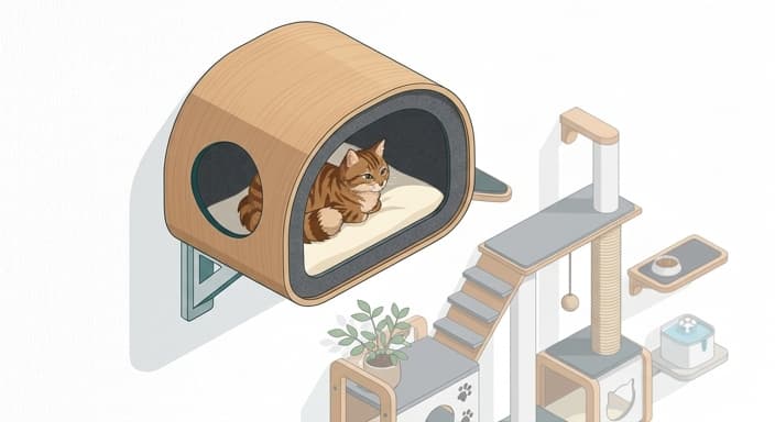 A shy cat retreats into a high-mounted covered cove shelf, illustrating a sanctuary space for autonomy.