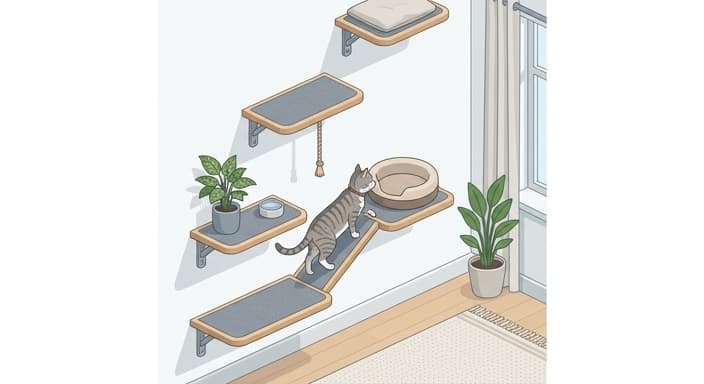 A senior cat explores a wall-mounted vertical shelving system with staggered heights for safe enrichment.