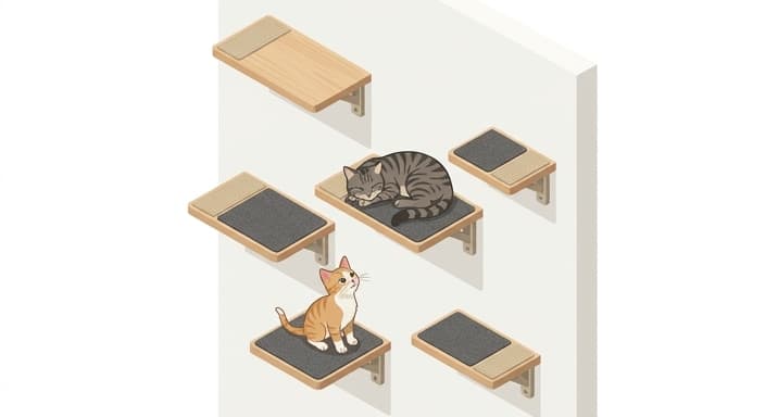 Vertical cat shelves with non-slip surfaces and a resting cat illustrating secure, multi-cat vertical space.