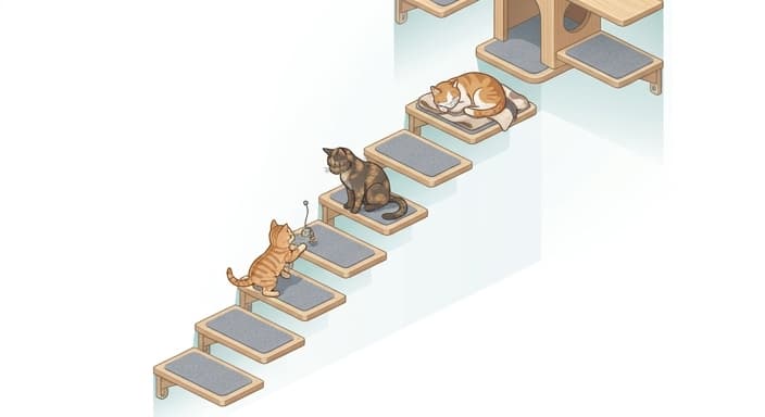 A stair-step arrangement of shallow shelves forming an accessible vertical path for cats of all ages.