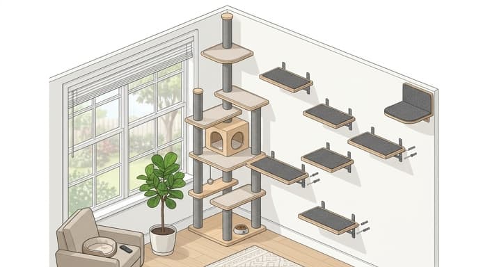 A sunlit room showing a floor-to-ceiling cat tree connected to wall shelves forming a safe vertical circuit.