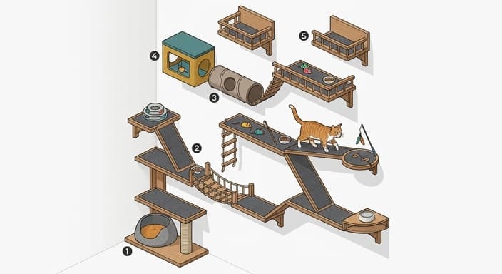 A cat navigates a multi-level vertical space with treats placed on different levels to encourage movement and foraging.
