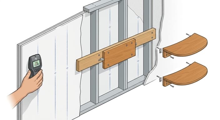 A wall ready for installation, showing the stud layout, horizontal cleat, and mounting boards for cat shelves.