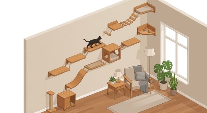 A cat highway along the wall, with staggered shelves forming a continuous path for environmental enrichment.