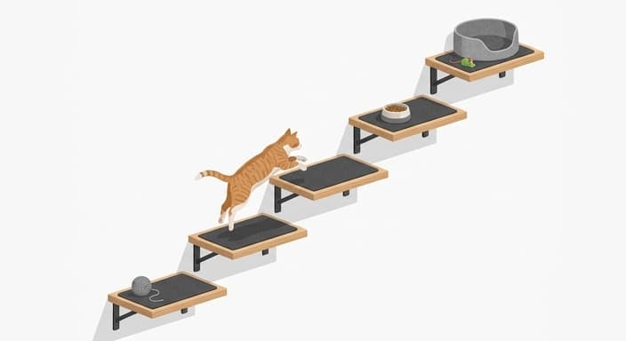 A stair-step vertical cat shelf setup with a cat using the lower-to-upper steps.