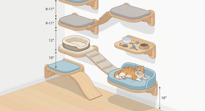 A low, age-friendly vertical cat shelf arrangement with a senior cat comfortably on the bottom perch.