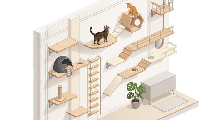 A wall of elevated cat shelves and ramps forming a cat superhighway for safe, elevated exploration.