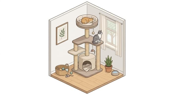 A tall cat tree in a quiet corner provides a vertical sanctuary for a shy cat.