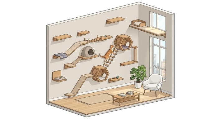 Modular vertical cat shelves and perches in a modern living space demonstrate how cats gain height and autonomy in daily life.