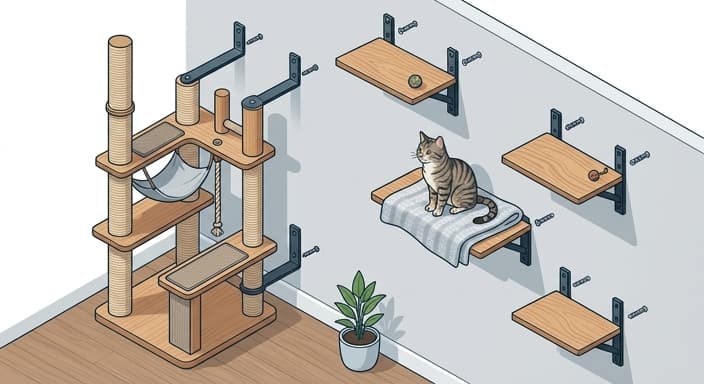 Safe vertical design with stud-secured shelves and a sturdy anchored cat tree illustrating a sustainable, hazard-free setup.