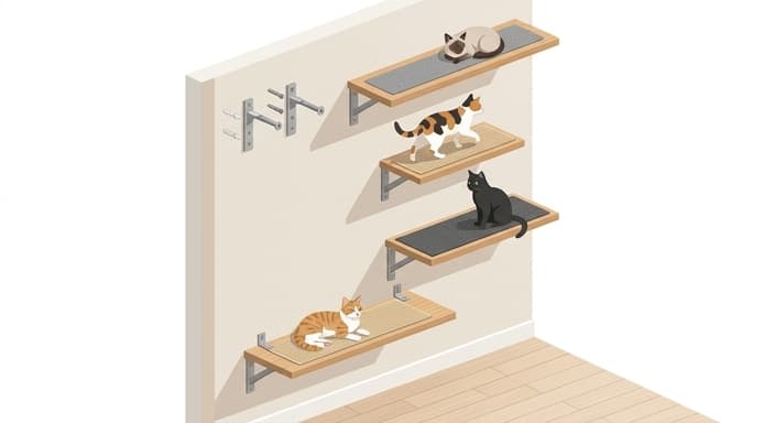 Multiple cats on a graduated vertical shelf system with grip-friendly surfaces in a shared space.