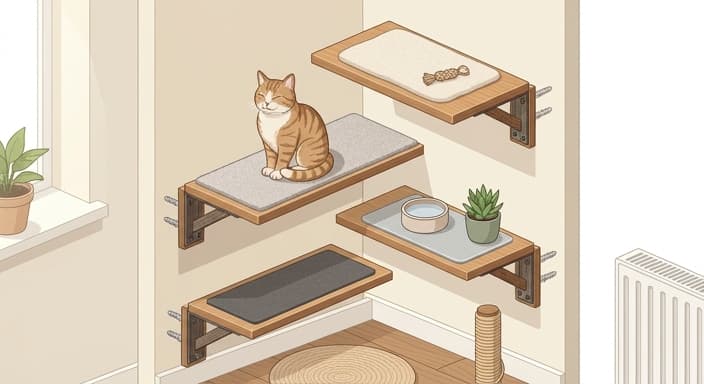 A senior cat rests on a carpeted wall shelf in a staggered, multi-height setup.
