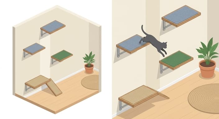 A cat navigates a multi-tier vertical climbing setup with textured platforms and clear approach paths.