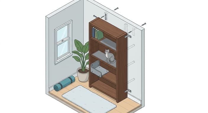 A tall, secured bookshelf becomes a safe, cat-friendly vertical sanctuary.