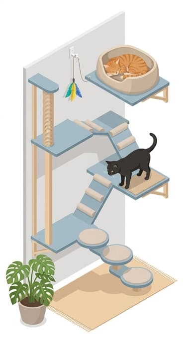 Top-level resting area with a soft bed and toy hook anchors a destination-focused vertical wall system for indoor cats.