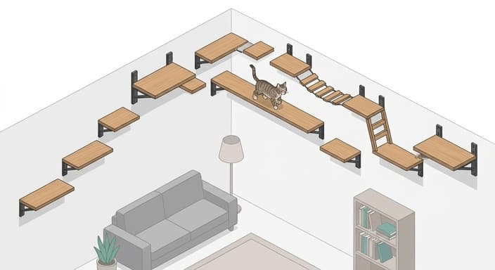 A cat climbs along a wall-mounted cat highway that runs around the upper perimeter of a living room.