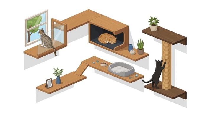 A zone-based vertical wall system featuring a high perch, a cozy cubby, and a scratching post for varied feline activity.
