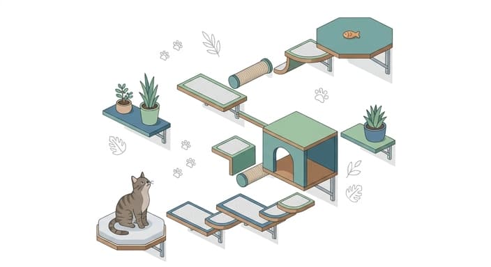 A sedentary cat is lured along a vertical route to a treat at the end, encouraging low-impact activity.