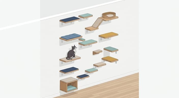 Senior cat using a compact vertical wall shelf system with textured steps to reach a higher perch.