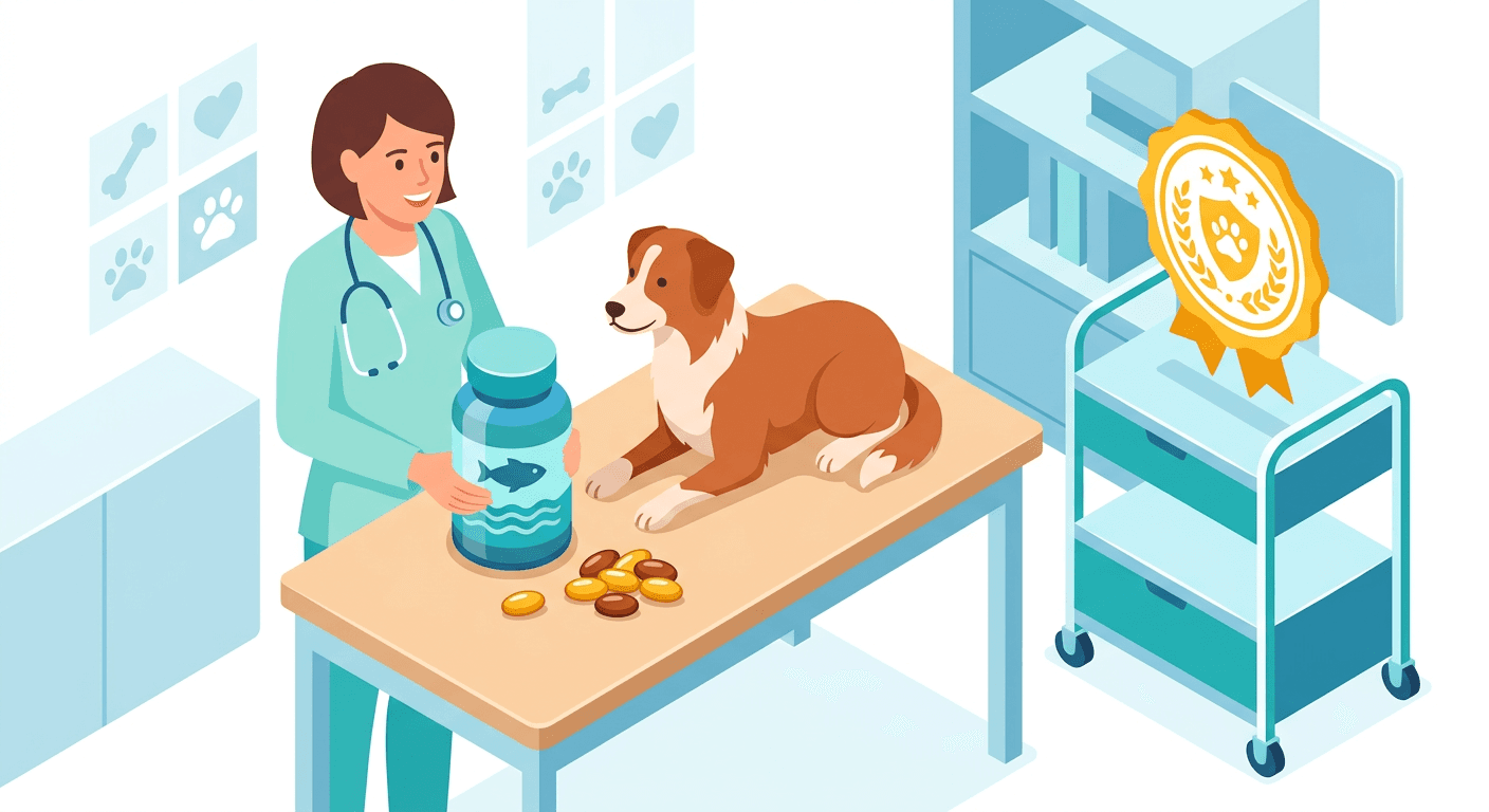 Vet shows omega-3 supplement bottle and capsules to a dog on an exam table, with a yellow certification-style seal nearby.