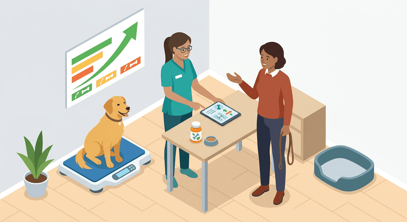 Dog on a pet scale with a vet and owner discussing long-term care; supplement bottle on a table and a simple progress chart on the wall.